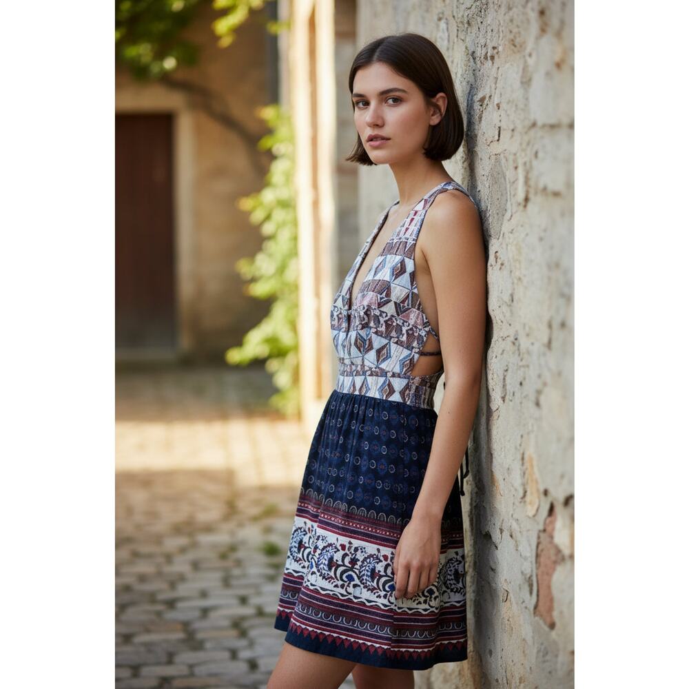 Jealous Tomato Plunge Tie-Back Print Mini Dress – Multicolor Small – Very Good